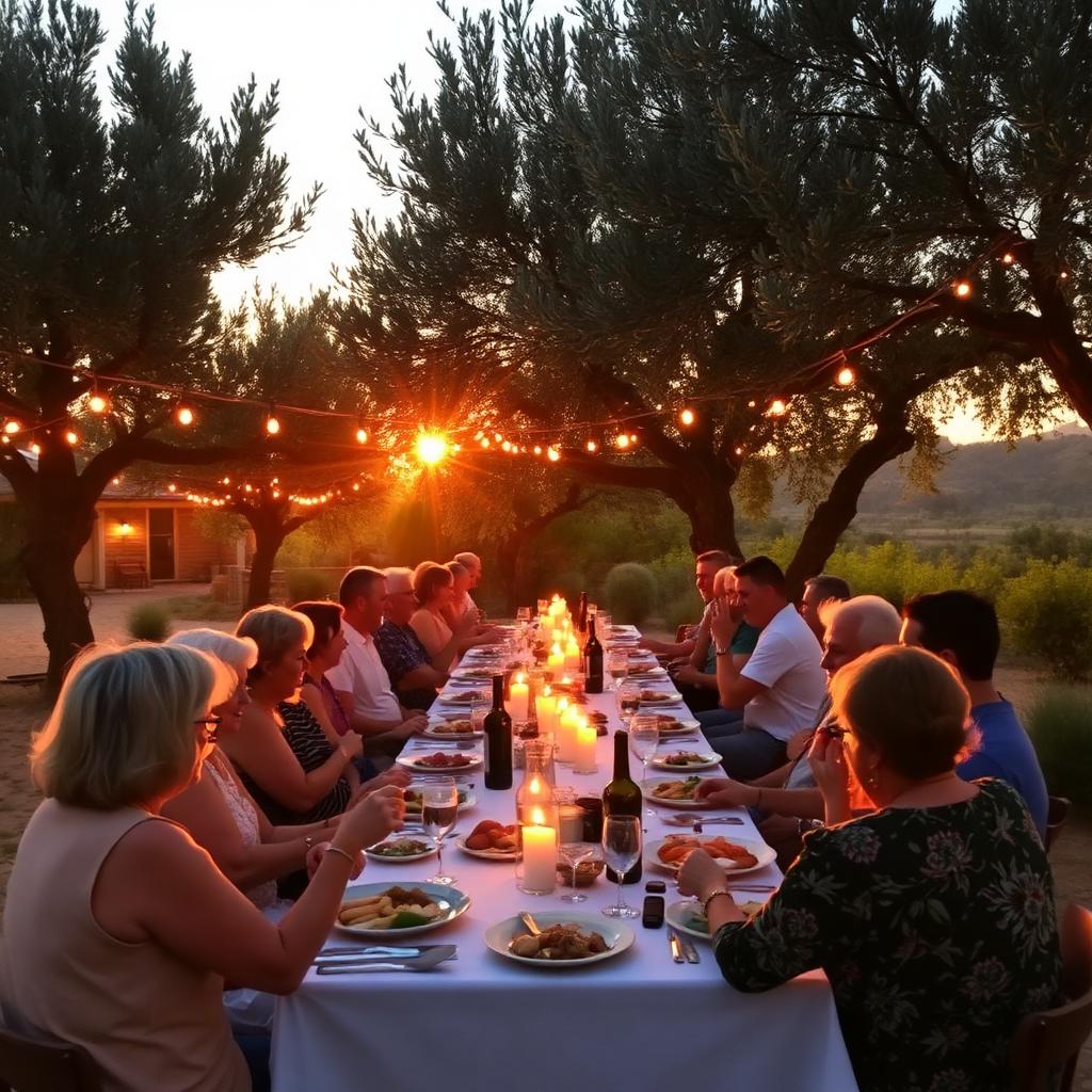 People sharing a long Mediterranean dinner under olive trees at sunset