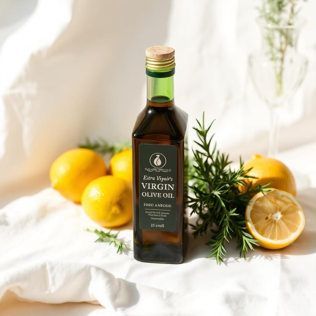 Bottle of extra virgin olive oil with fresh rosemary and lemons