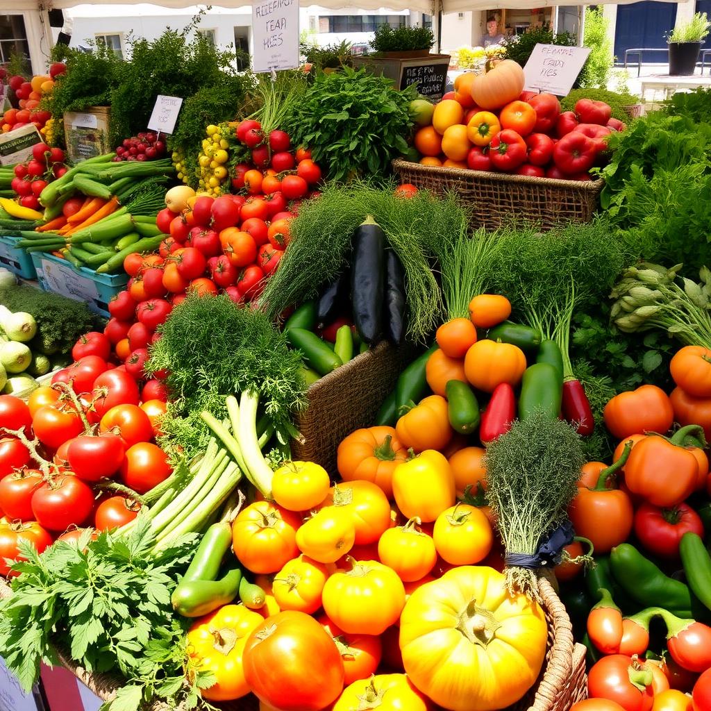 Colorful farmers market display of fresh Mediterranean produce