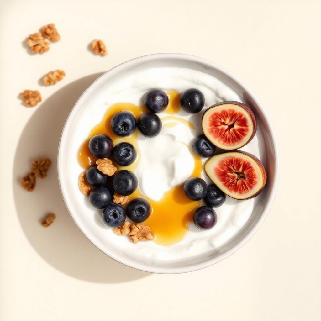 Greek yogurt bowl with figs, blueberries, walnuts and honey