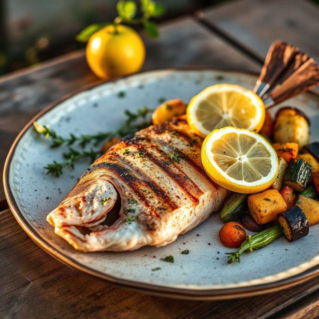Grilled sea bass with lemon and roasted vegetables