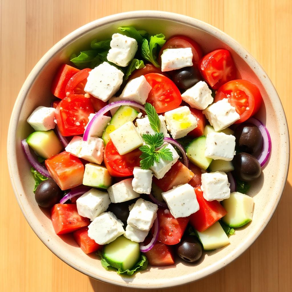 Fresh Greek salad with feta, tomatoes and olives