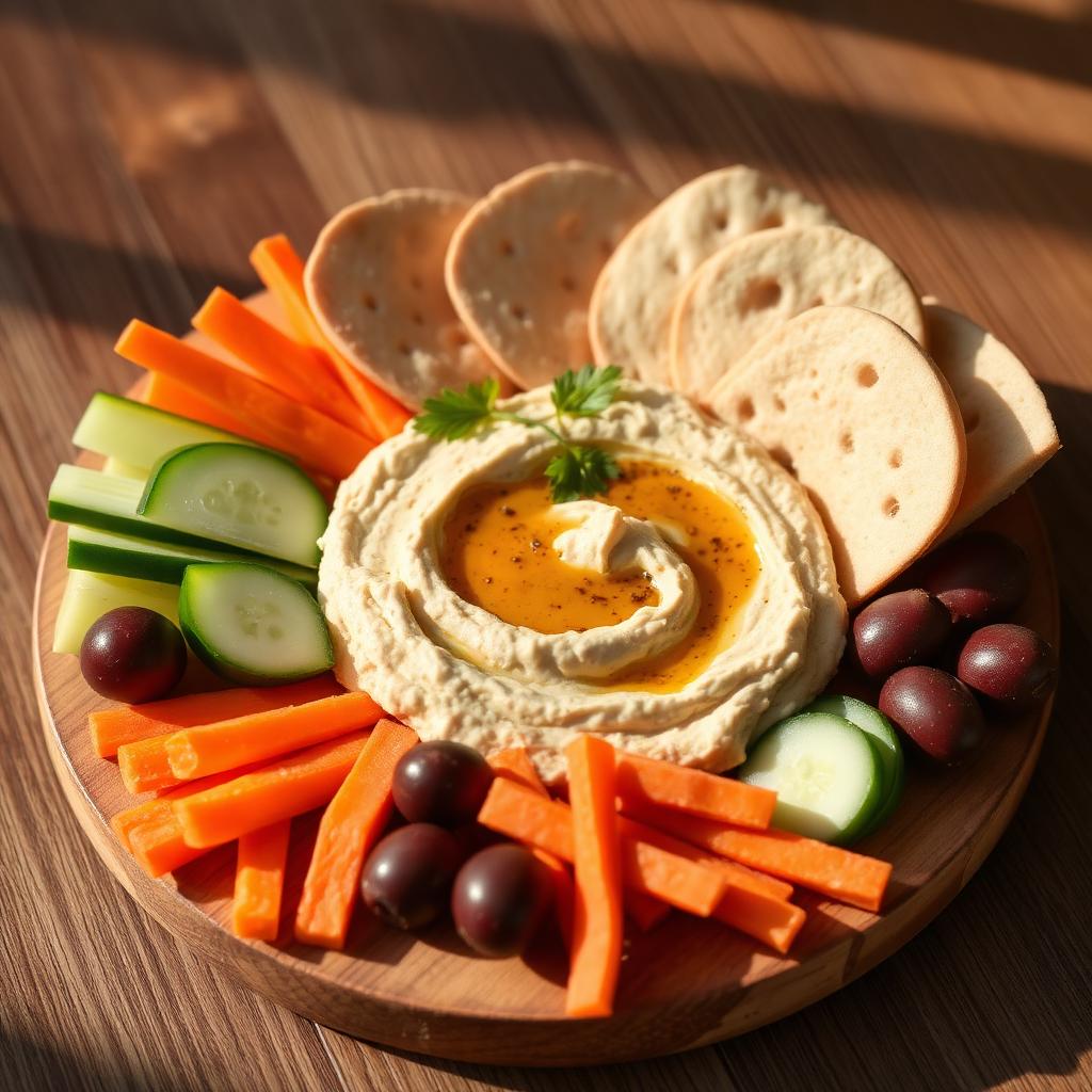 Hummus platter with pita, olives and fresh vegetables